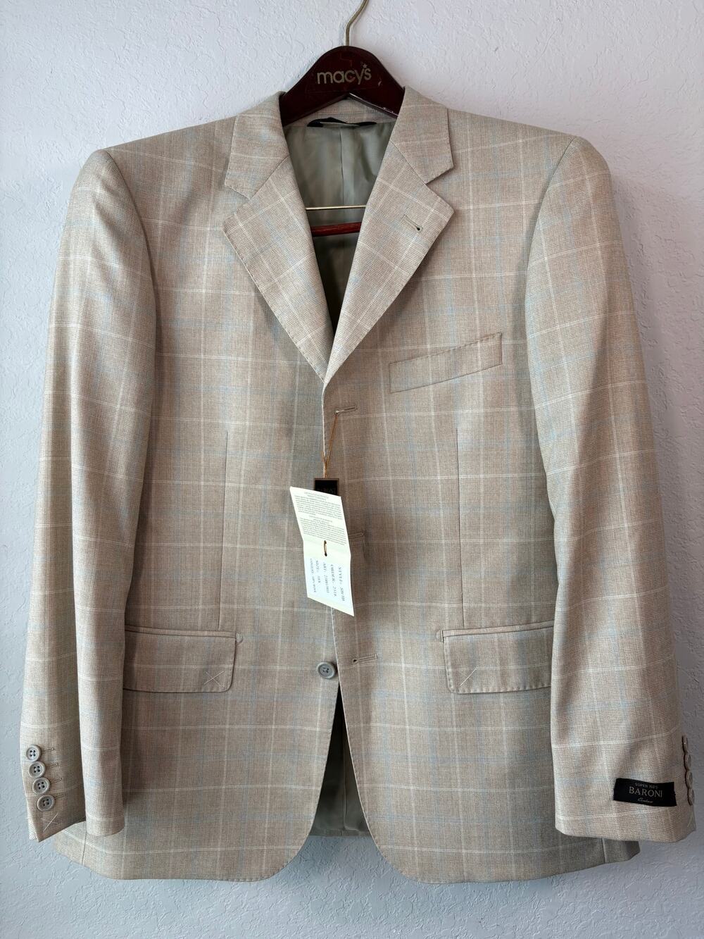 Baroni Blazer Men’s 38S Single Breasted 3 Button Short Fit Windowpane Business